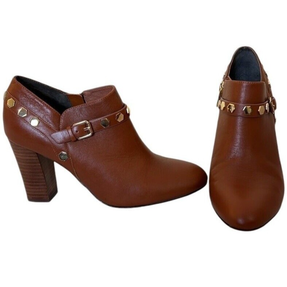 Isola Cognac Leather Ankle Bootie Boot Womens Size 8.5 Gold Accent Block Heel